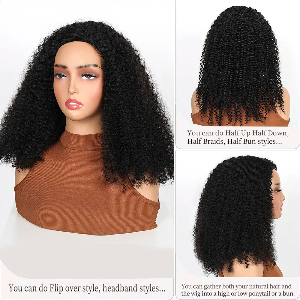 Kinky Curly Human Hair Half Wig Glueless Wig Headband Wig Upgrade 3 IN 1 Half Wig With Drawstring Seamless Clips Wig For Women