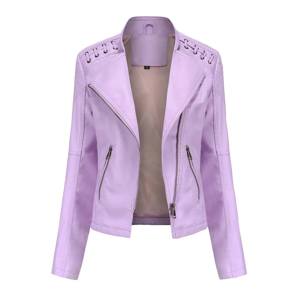 Spring Autumn Women's Clothing Slim Fit PU Leather Jacket For Woman Motorcycle Biker Style Short Coat With Notched Collar