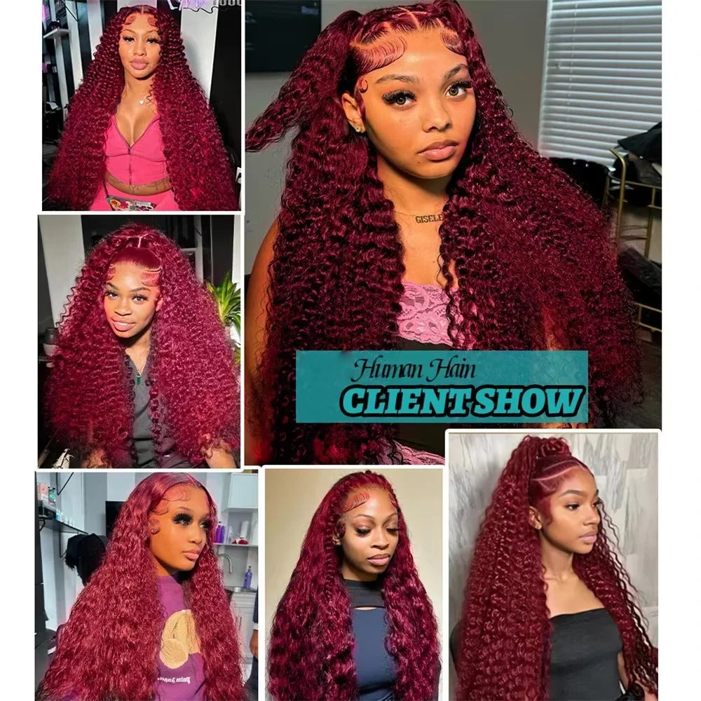 Hd Transparent 13x4 13x6 Frontal Lace 99j Burgundy Preplucked Colored Deep Wave Frontal Lace Human Hair Wigs For Women 30 Inch