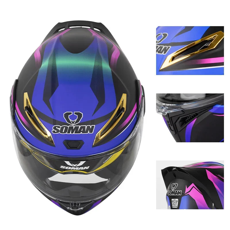 SOMAN Full Face Helmet Dual Lens Flip Up Motorcycle Helmets Casco Accessories Men Women Casque Moto Racing DOT Approved Visor