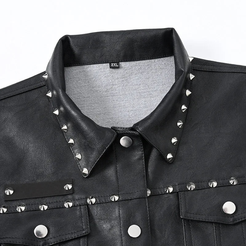 Men's Punk Style Leather Biker Waistcoat With Rivets Fashion High Streetwear Motorcycle Rider Vests PU Sleeveless Jacket