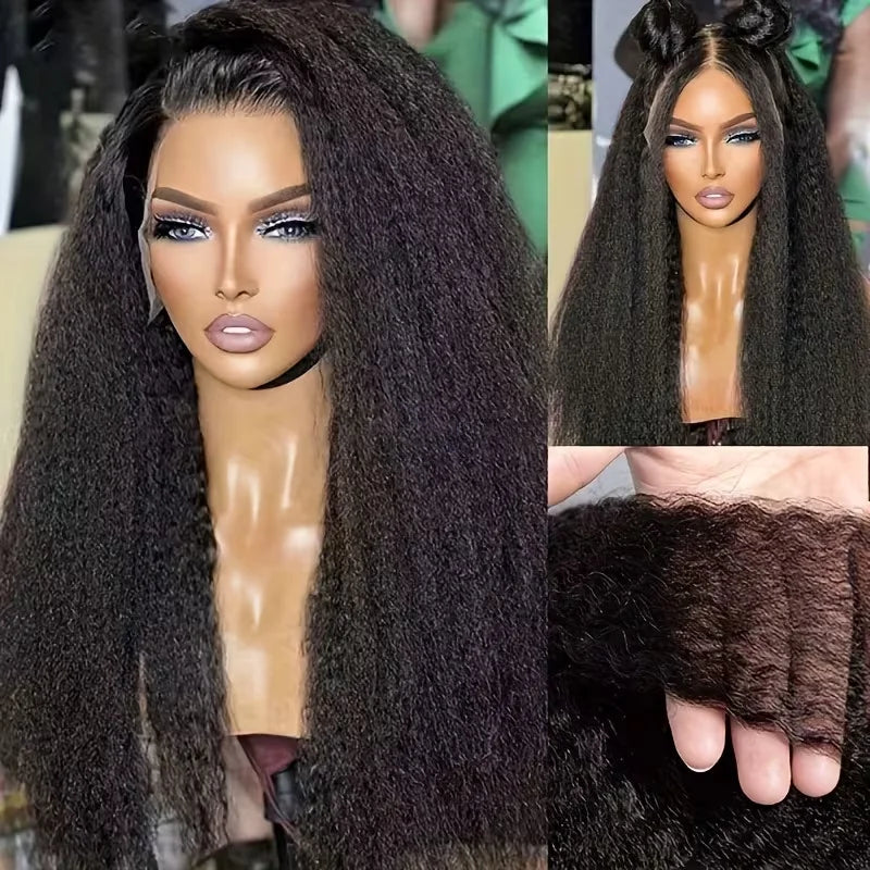 Invisible Strap 360 Hd Full Lace Wig Kinky Straight Human Hair Wigs Natural Color 220% Density Drawstring Snug Fit Glueless Wigs