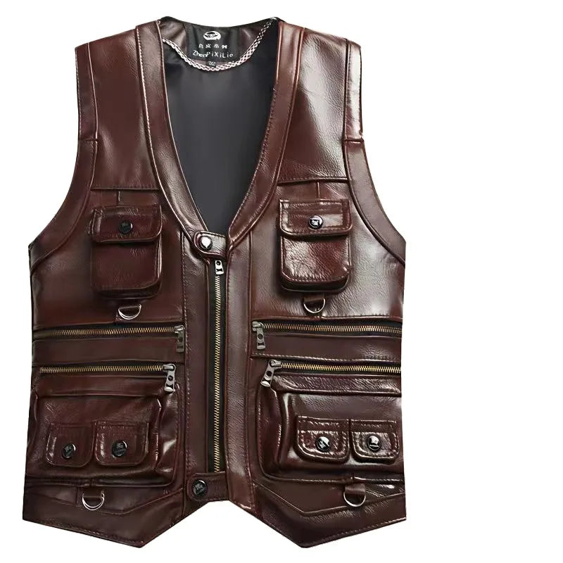 2025 Cowhide Genuine Leather Vest Men Waistcoat Male Sleeveless Jacket Thick Motorcycle Vest Multi Pocket leather biker vest