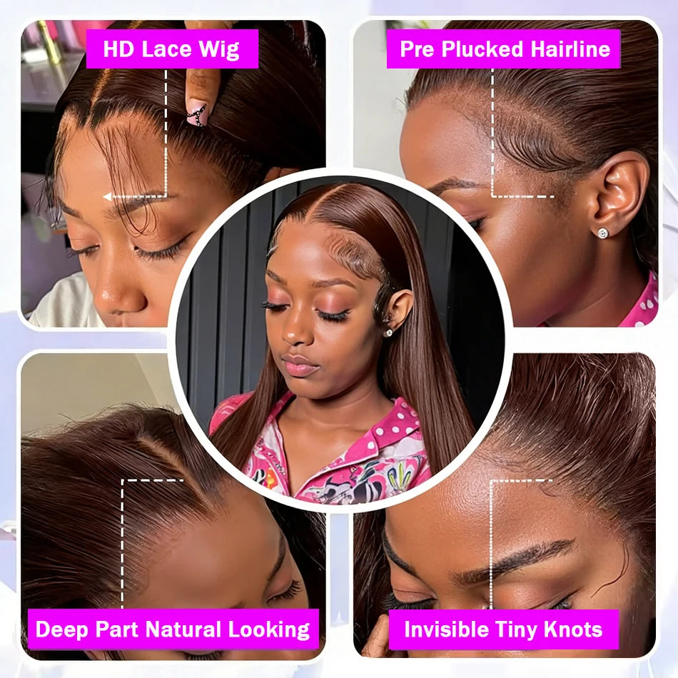 HD Chocolate Brown 13x4 Straight Lace Front Wig Brazilian 13x6 Lace Frontal Wigs For Women 100% Remy Human Hair Wig Pre Plucked
