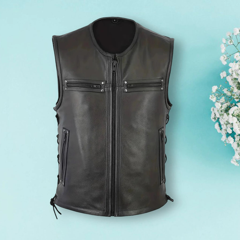 Men's Motorcycle Vests with Pockets Fashionable Leather Solid Color Zipper Up Sleeveless Jacket