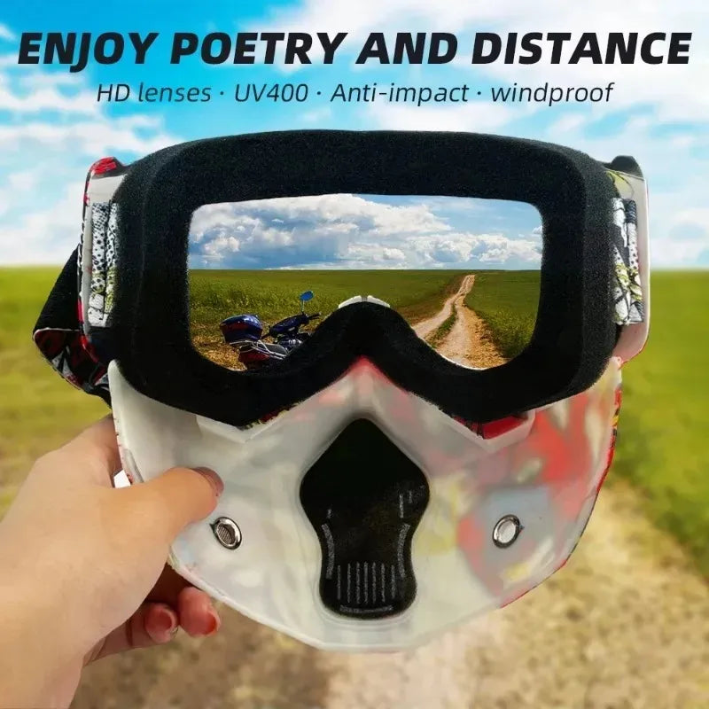 Motorcycle Glasses Riding Glases with Removable Face Mask, Removable Anti-fog Glasses, Mouth Filter, Adjustable Anti-slip Strap