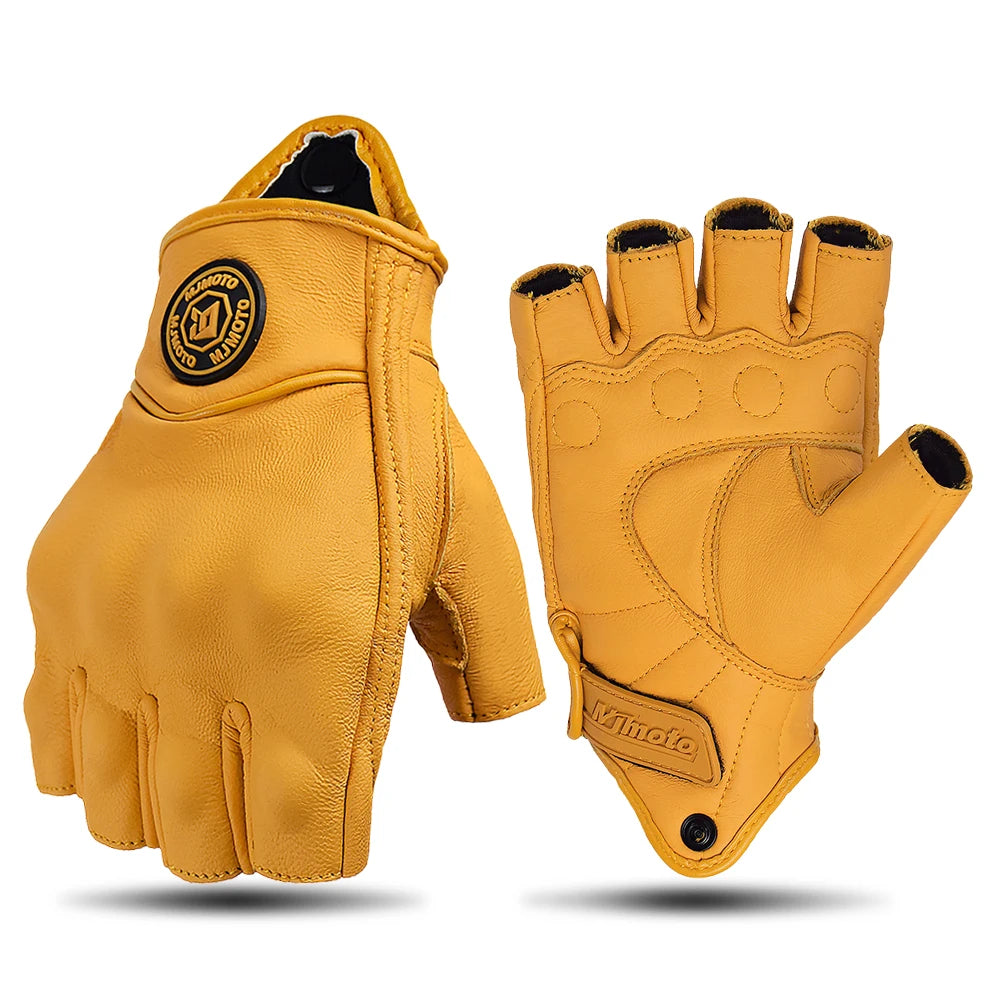 MJMOTO Retro Leather Motorcycle Half Finger Gloves Touchscreen Motocross Gloves Hard Shell Protection Motorbike Glove Breathable