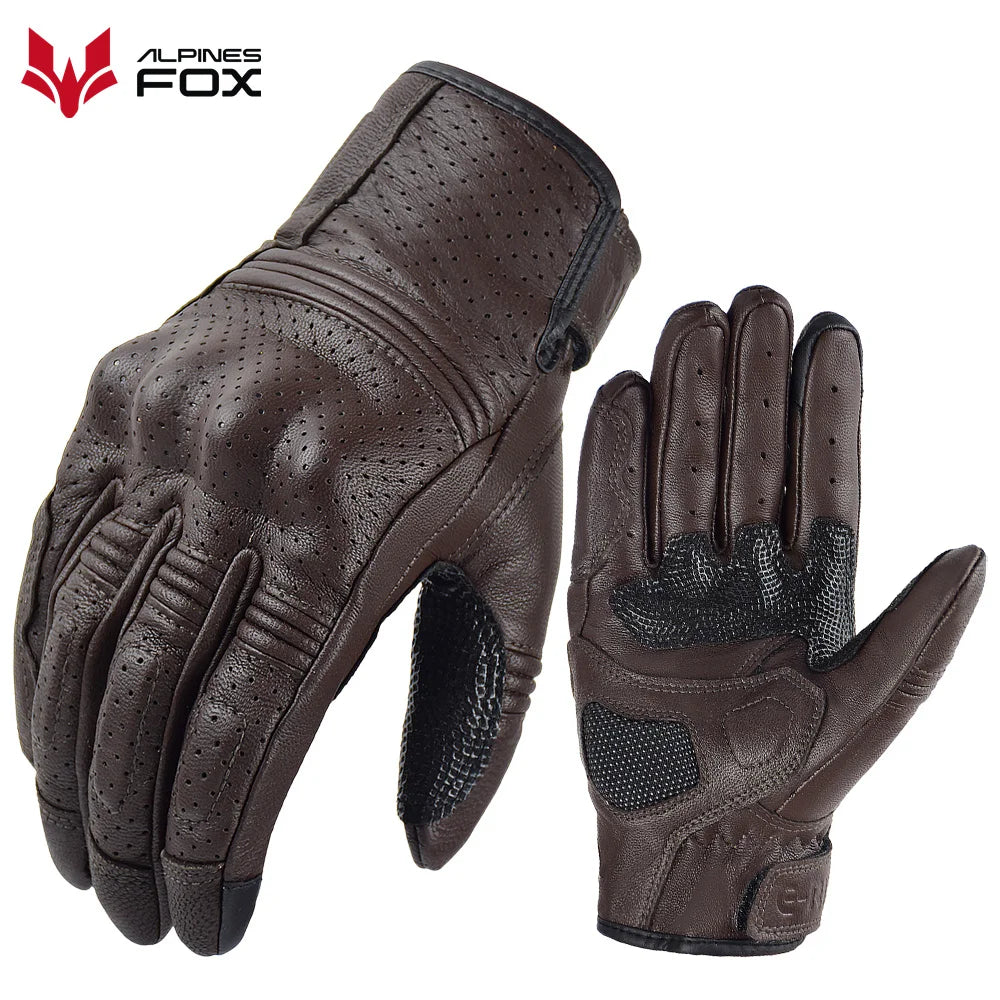 Retro Motorcycle Leather Gloves Perforated Summer Breathable Touch Screen Motobike Cycling Accessories Full Finger Protective