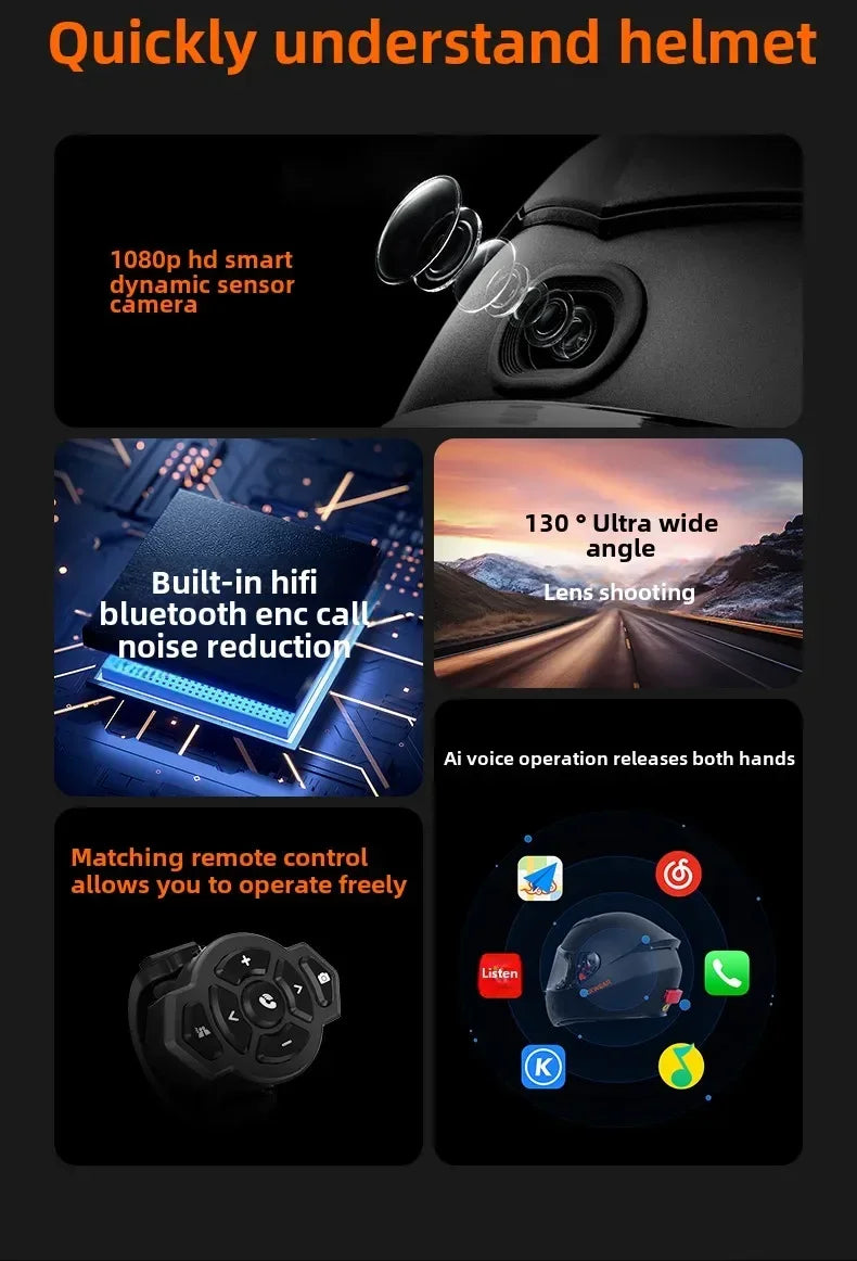 AI Intelligence Motorcycle Helmet with Camera and Bluetooth Headset Full Face Helmet Men Women Cascos Para Moto Four Seasons DOT