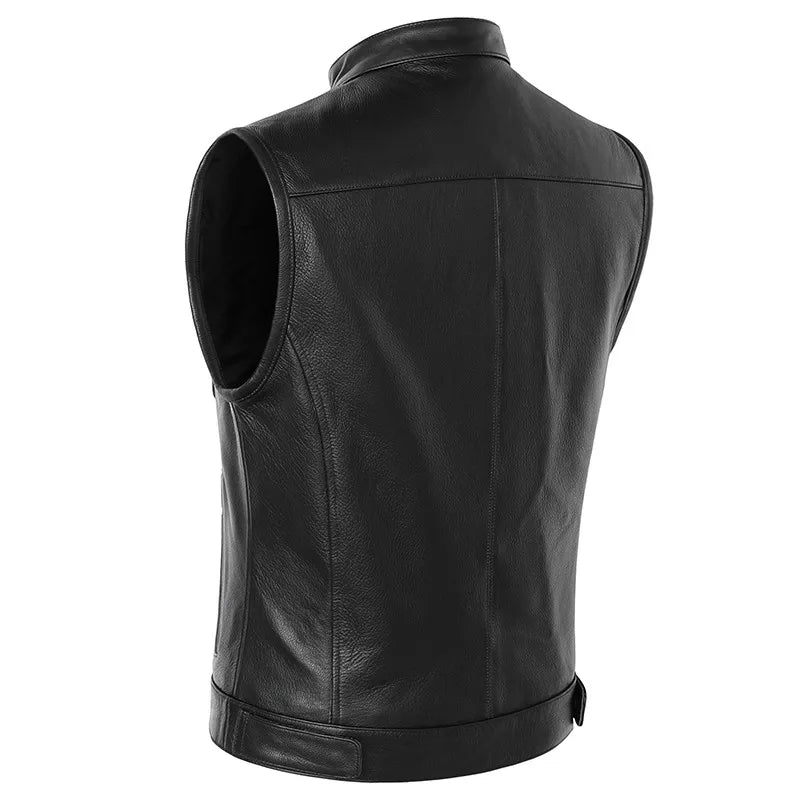 Men Real Leather Vest Motorcycle Biker High Quality Vest Genuine Leather Cowhide Sleeveless Jackets Waistcoat Stand Collar 5XL