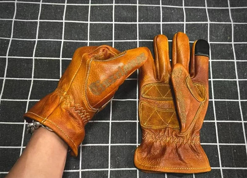 Handmade Genuine Leather Retro Motorcycle Gloves Full Finger Touch Screen Knuckle Protection Racing Riding Motorcycle Gear