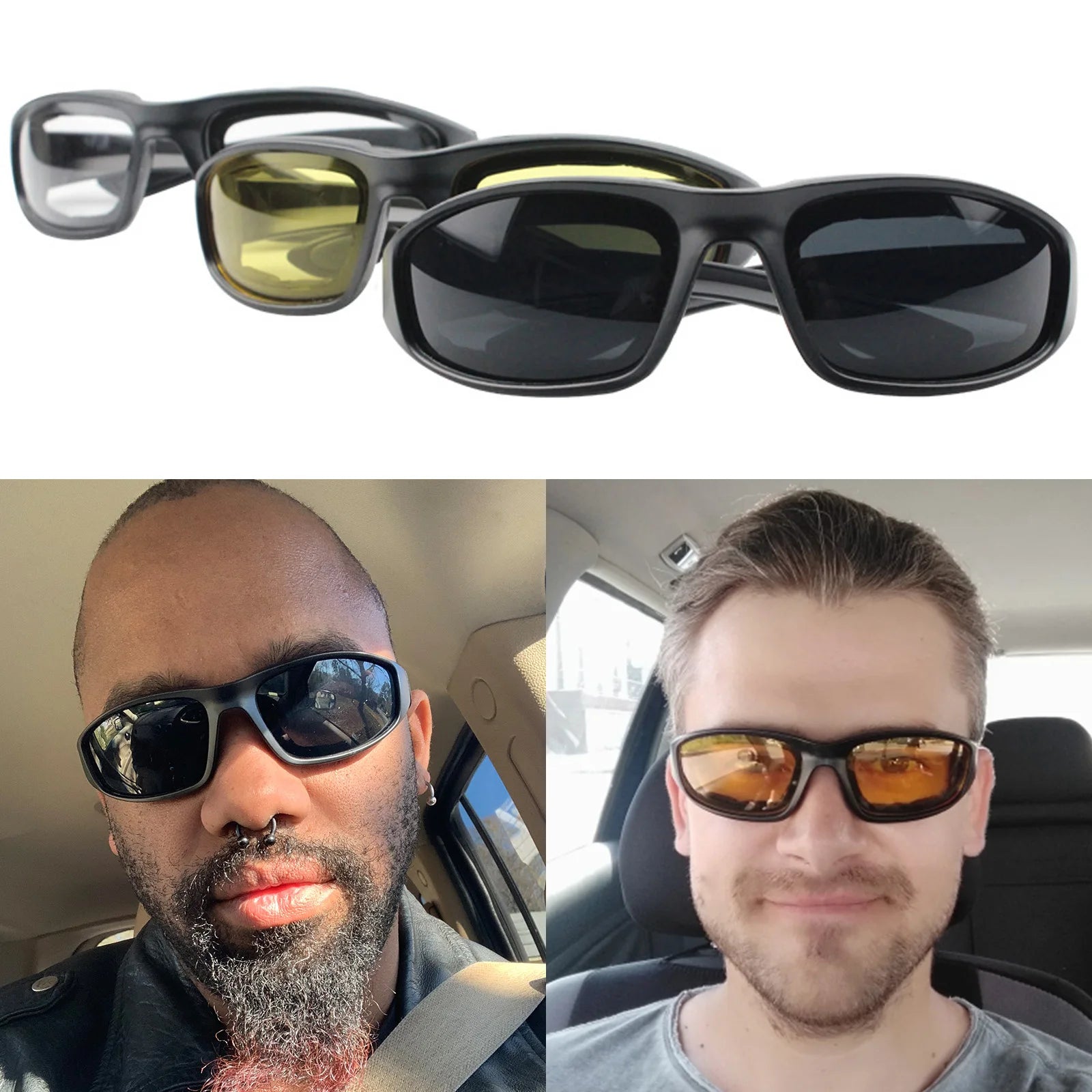 Motorcycle Riding Glasses Padding Goggles UV Protection Dustproof Windproof Sunglasses with Clear Smoke Yellow Lens Anti-glare