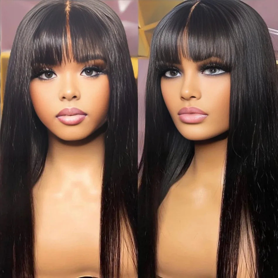 3x1Middle Part Lace Wig Bone Straight Human Hair Wig With Bangs Full Machine Made 30 36 Inch Body Wave Human Hair Wig with Bangs