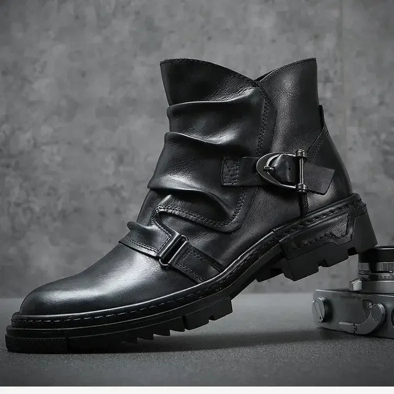 HOT Retro Men's Motorcycle Leather Boots British Style Round Head High Top Shoes Casual Platform Boots Moto Street Gear