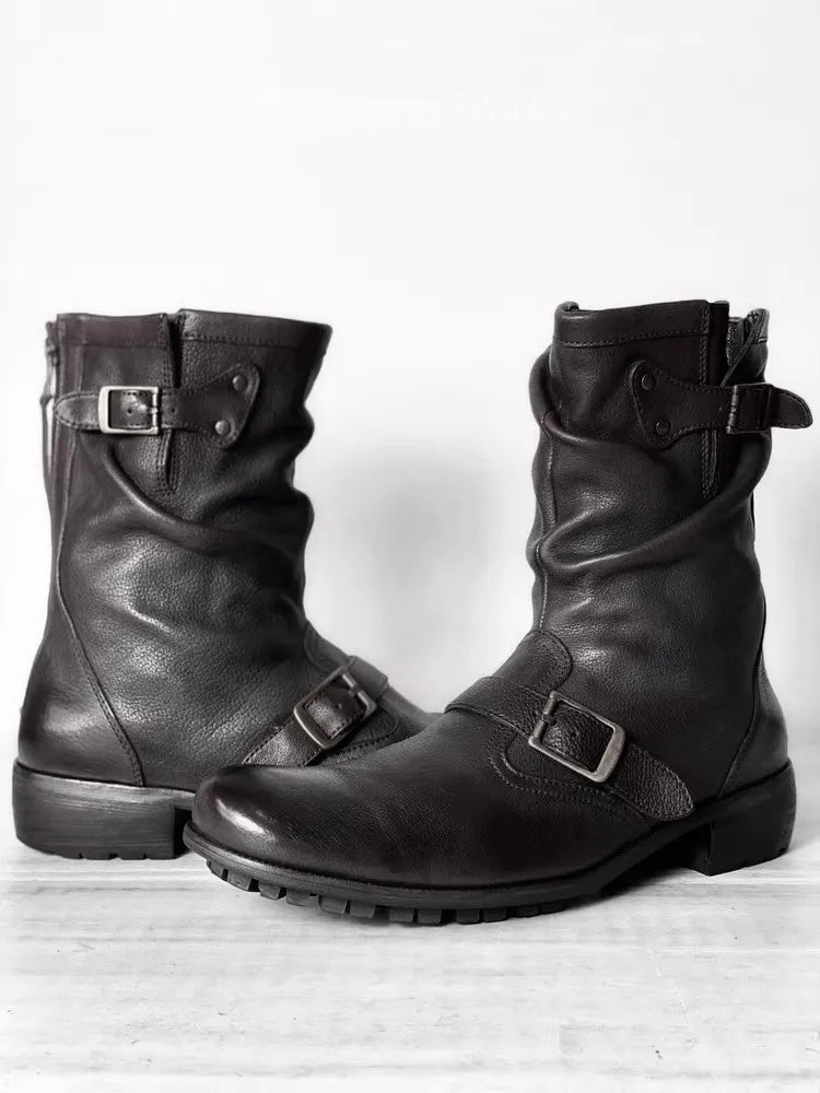 Motorcycle Riding Black Retro Boots for Men and Women, Thick Soled and Height Engineer Boots, Midsole Motobike Chelsea Shoese