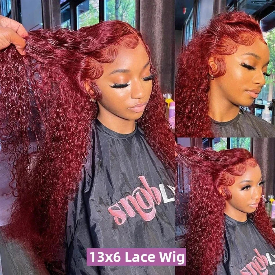Hd Transparent 13x4 13x6 Frontal Lace 99j Burgundy Preplucked Colored Deep Wave Frontal Lace Human Hair Wigs For Women 30 Inch