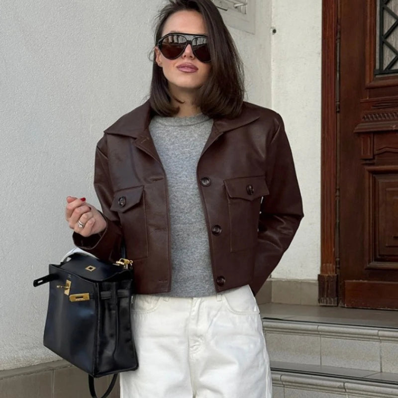 TARUXY Fashion PU Leather Jacket Women's Lapel Pockets Single-Breasted Stitching Coat Autumn Motorcycle Style Commuter Clothing