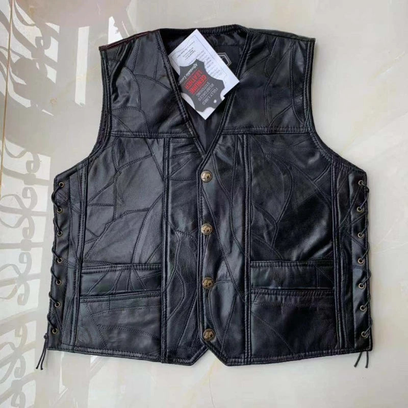 Motorcycle Vest Men's Stitching Sheepskin Leather Waistcoat V-Neck Street Style Cool Motorcycle Jacket Motocross Equipment