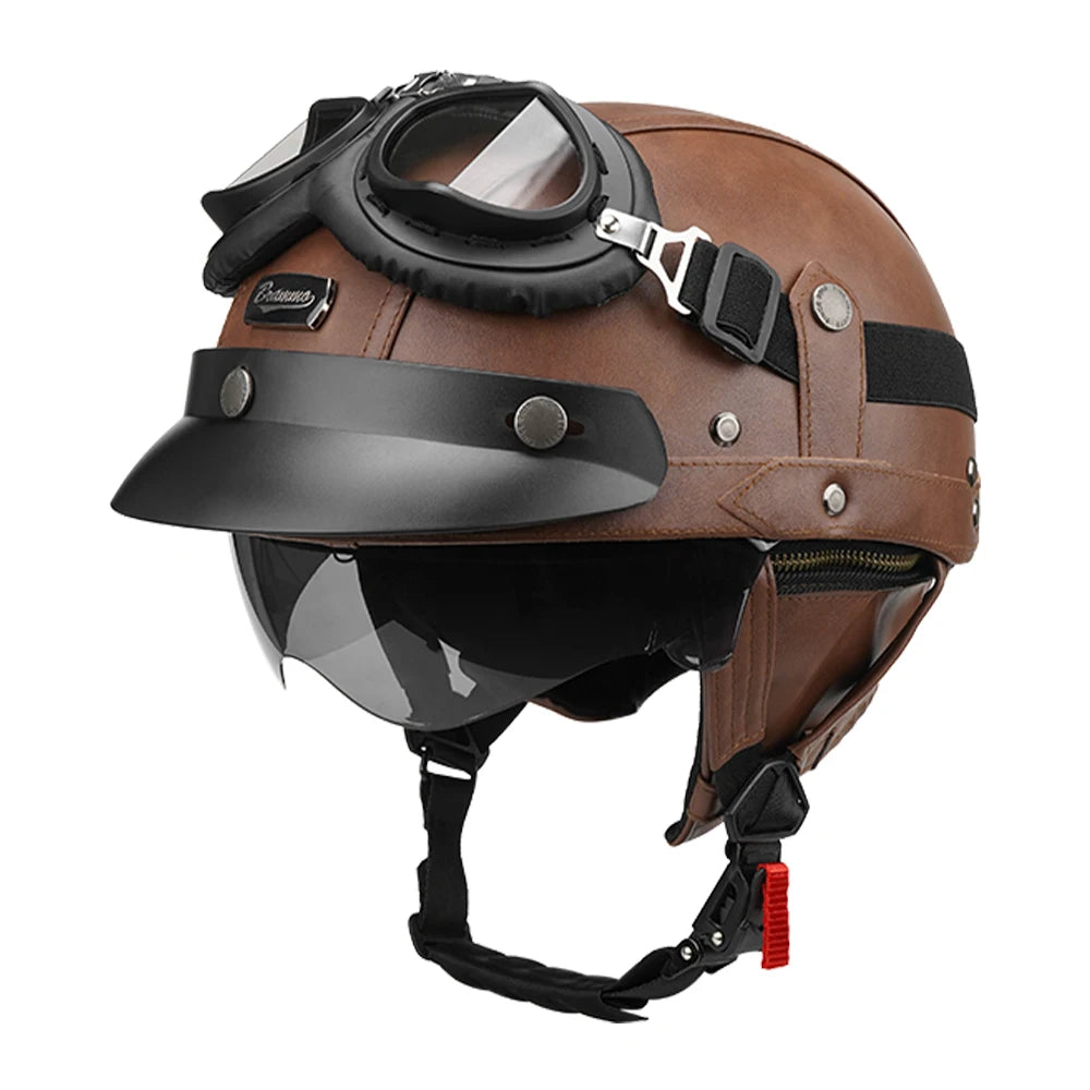 Motorcycle Half Helmet Leather Motorbike Open Face Helmet Vintage Fashion Safety Helmets Anti Fall And SunCap Moto Helmets M-XL
