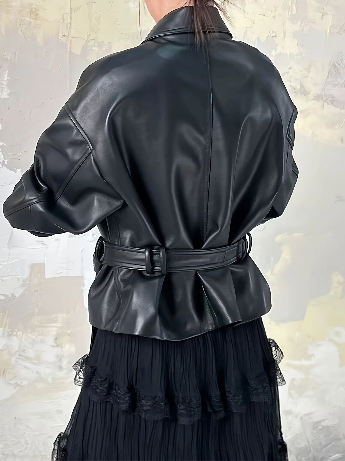 Women's retro loose leather motorcycle jacket lightweight long-sleeved zipper lapel cardigan street clothing trendy casual jacke