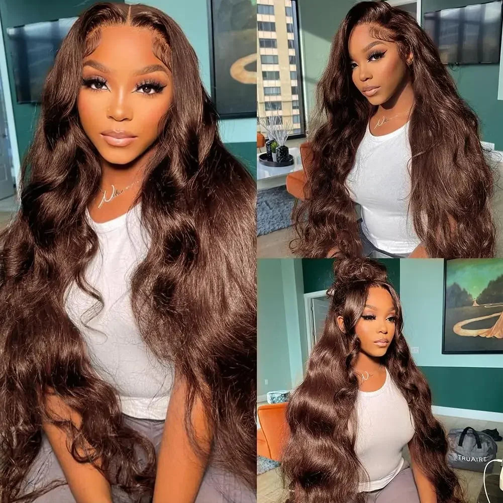 Body Wave Chocolate Brown Lace Front Wigs Human Hair Pre Plucked Brazilian Brown Remy Hair Glueless HD Frontal Wig For Women