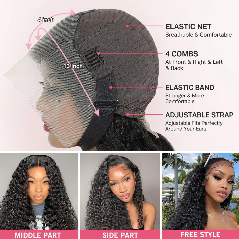Deep Wave 40 30 inch 13x6 HD Transparent Lace Front Human Hair PrePlucked Brazilian Deep Wave Lace Frontal Wig with Deep Hair