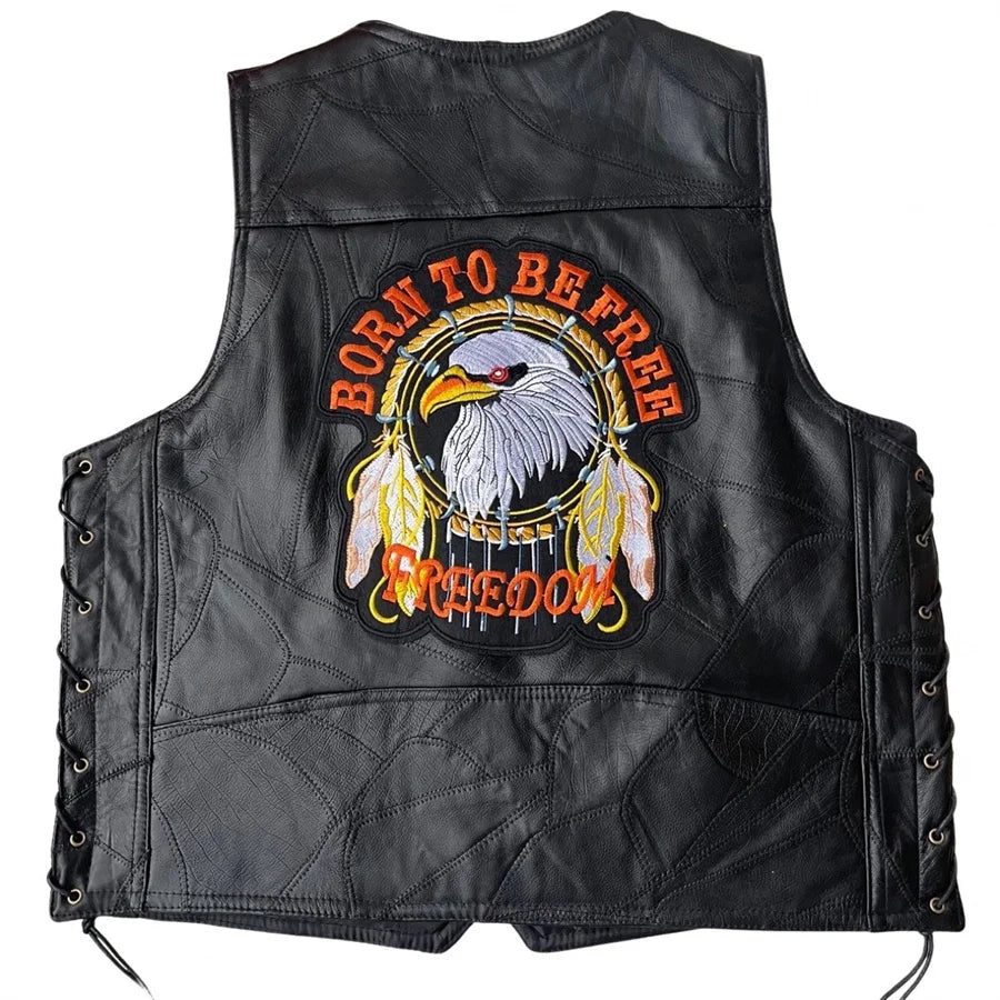 Embroidered Men Motorcycle Leather Vest Punk Sleeveless Jacket Riding Biker Waistcoat Men's Clothing Black Streetwear Big Size