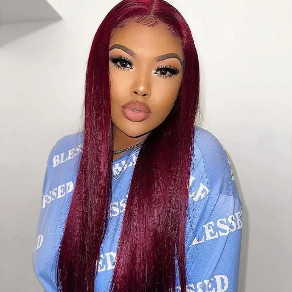 99J Red Burgundy Colored Lace Frontal Human Hair Wigs 13X6 HD Straight Lace Front Wig 200 Density Pre Plucked Human Hair Wig