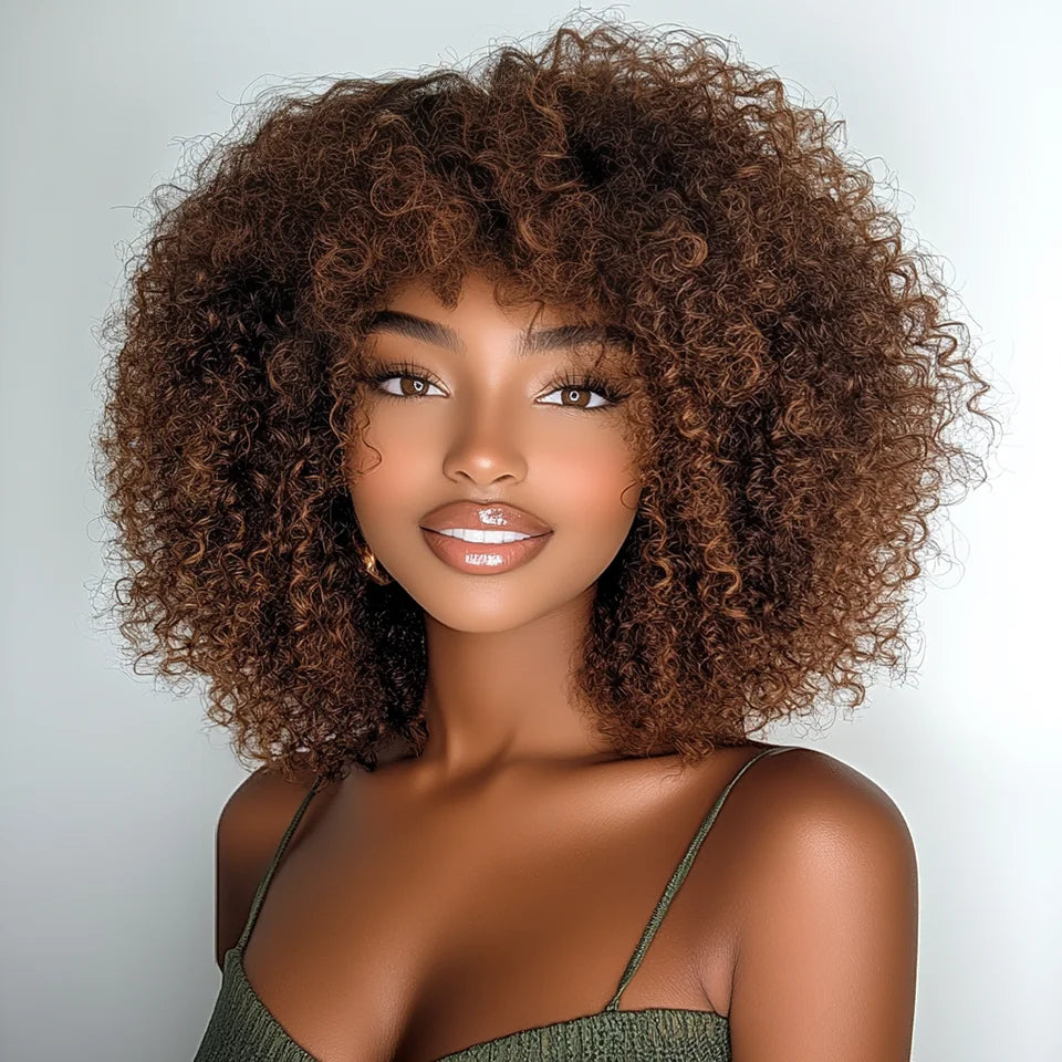 Brown Curly Bob Wigs Human Hair Wigs Afro Curly Wigs With Bangs Glueless Wear Go Jerry Curly Bob Wigs Brazilian Human Hair Wigs