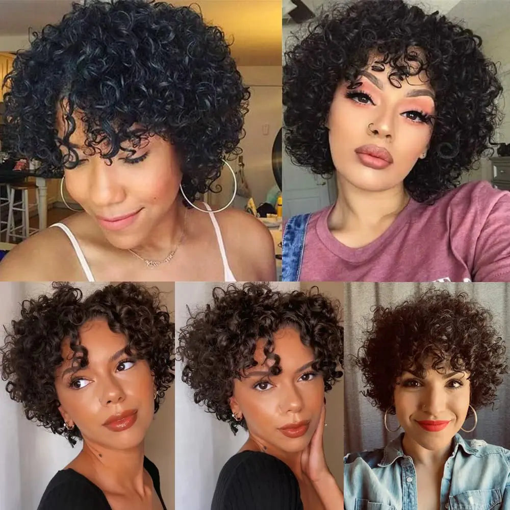 Brazilian Afro Puff Pixie Bob Wig Natural Full Machine Made Pre-Plucked Bangs 100% Human Hair For Black Women