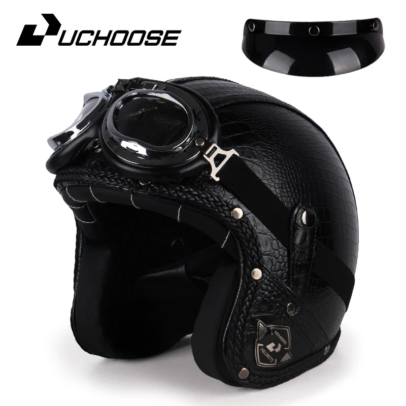 UCHOOSE Retro Motorcycle Helmet PU Leather Open Face 3/4 Chopper Bicycle Helmets Classic Casco Moto Vintage