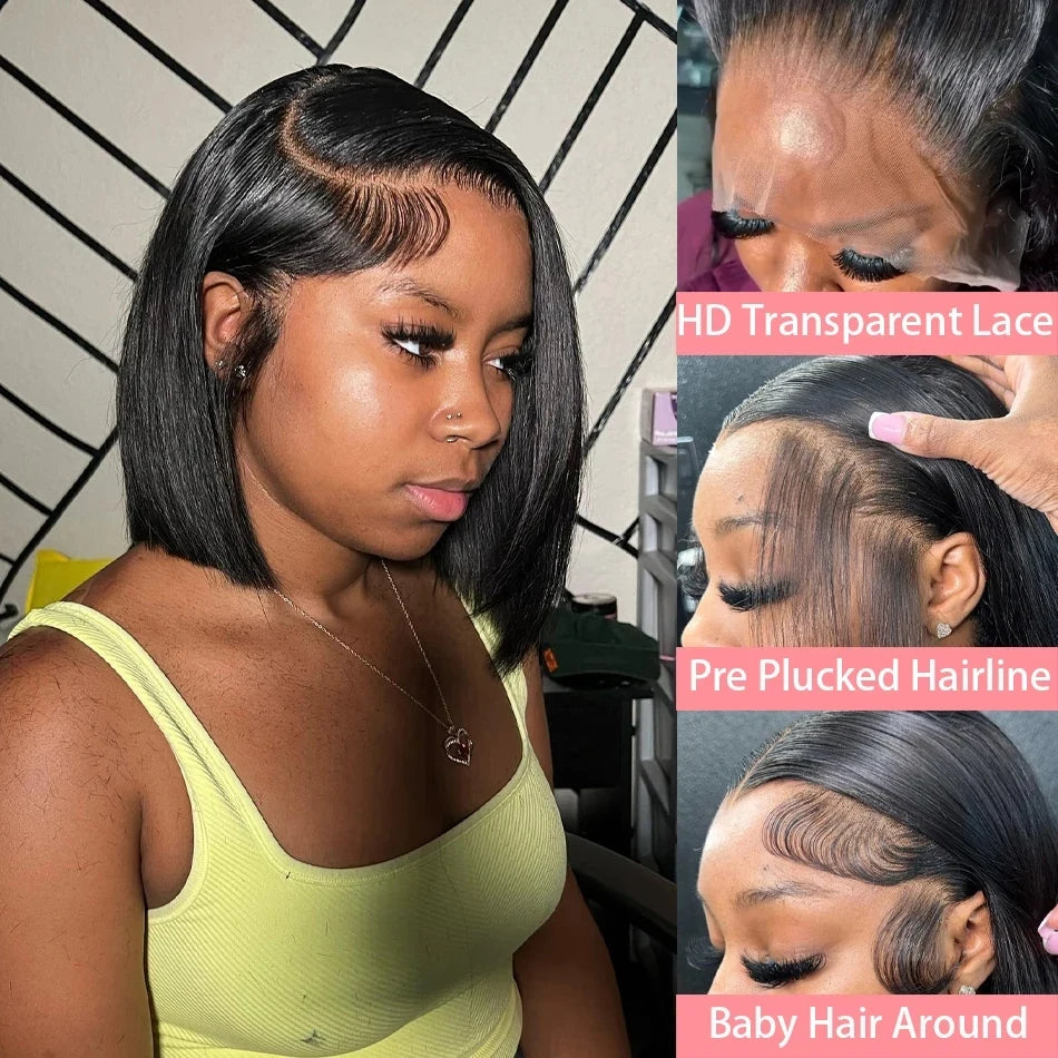 Straight Short Bob Wig Human Hair 13x4 Transparent Lace Front Wigs 200 Density Natural Black Bone Straight Short Human Hair Wigs