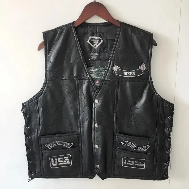 Style Harley Motorcycle Riding Men's Vest Shoulder PU Leather Dark Series Embroidered Badge Designb;4.f'7;j,3'