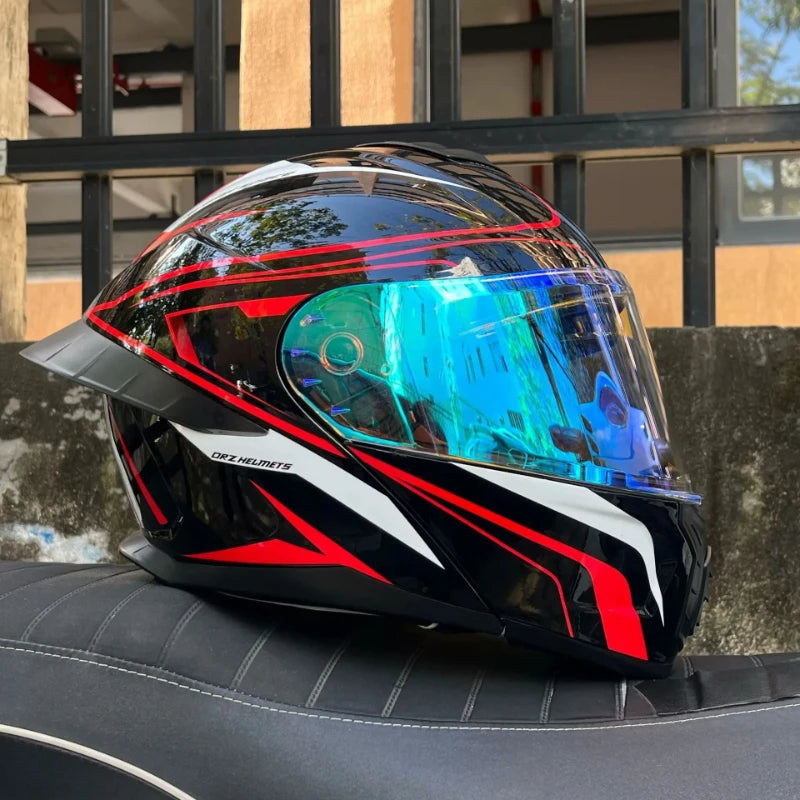ORZ Motorcycle Helmet Dual Visor Modular Flip Up Full Face Helmet Cascos Para Moto Motocross Night Vision Lens DOT Approved