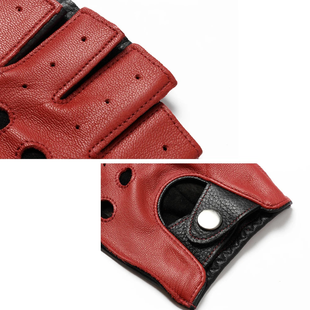 Spring Male100% Pure Real Leather Half Finger Thin Gloves Man Genuine Sheepskin Red/Brown/Blue Driving Riding Luvas Guantes