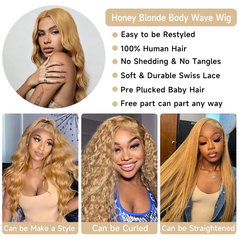 Honey Blonde 13x6 HD Lace Front Human Hair Wig 210% Density Body Wave Human Hair Wigs Colored 27# Pre Plucked Brazilian Hair