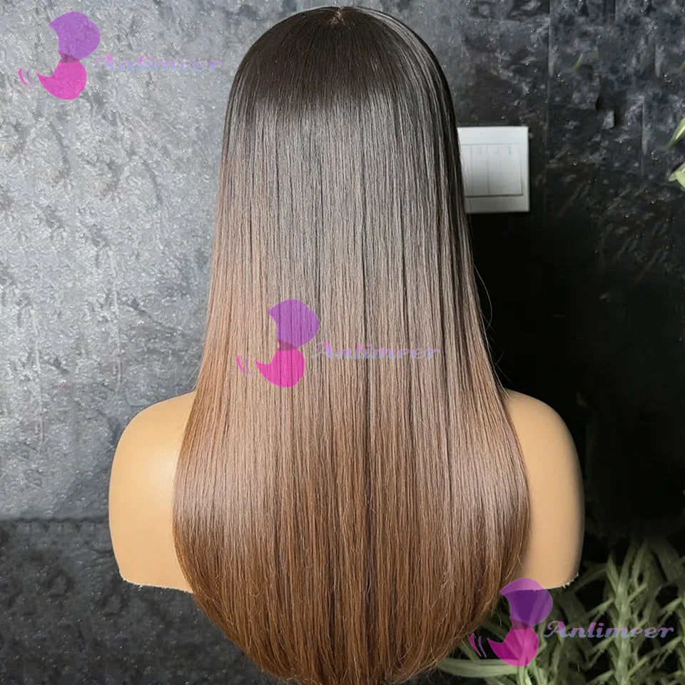 Silky Straight Human Hair With Bangs Ombre Dark Brown Brazilian Pre Plucked Finger 5x5 Silk Top Closure Wigs 13x6/360 Lace Wigs