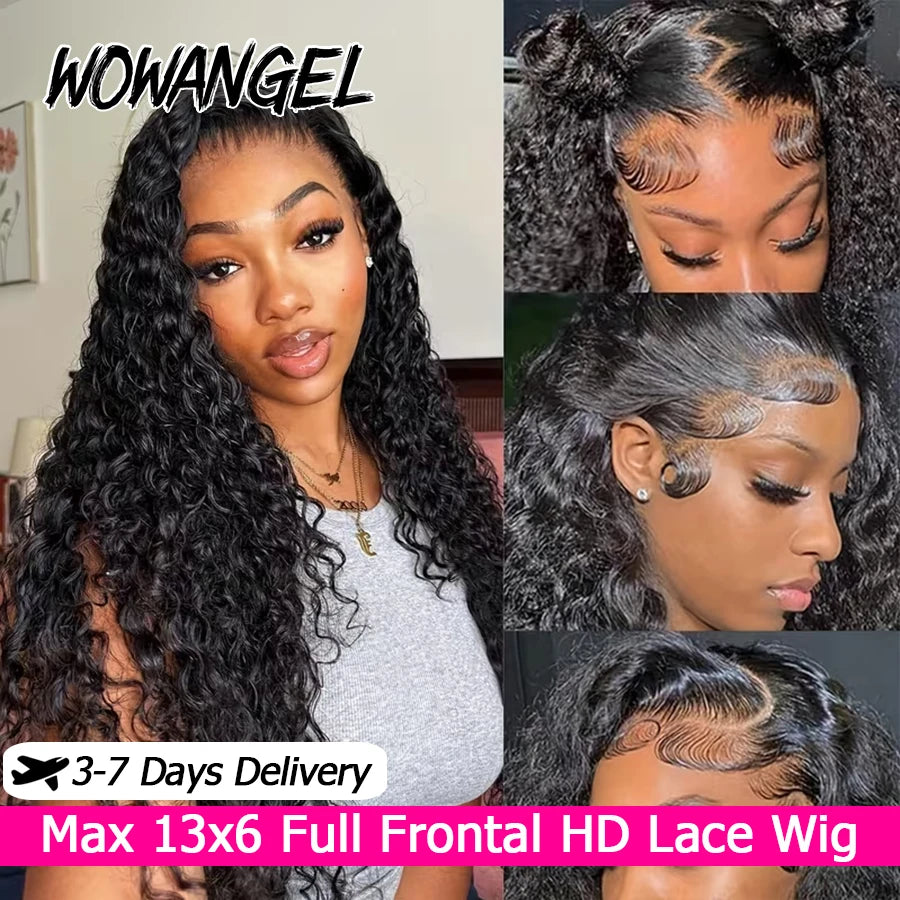 WOWANGEL 250 Density Curly Wigs 13x6 HD Lace Frontal Wig 100% Human Hair Pre Plucked Water Wave Wigs For Women Brazilian Hair