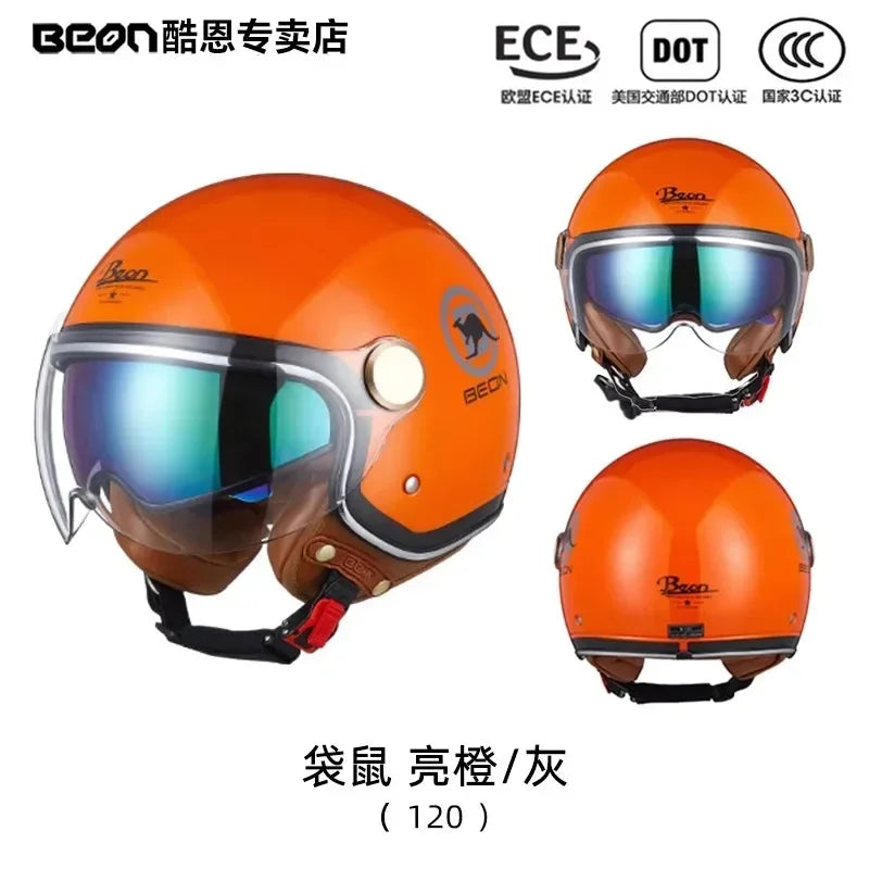 BEON Motorcycle Retro Style Helmet Electric Bike Riding Three-quarters Half Helmet Lightweight Dual Lens Safety Helmet