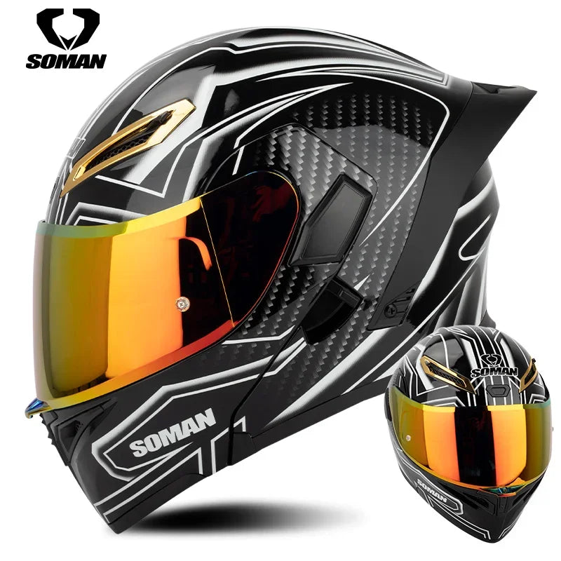 SOMAN Full Face Helmet Dual Lens Flip Up Motorcycle Helmets Casco Accessories Men Women Casque Moto Racing DOT Approved Visor