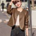 Leather Jacket for Women 2026 Spring Autumn New Retro Fashion Casual Round Neck Short LeatherCoat Motorcycle Clothing Female