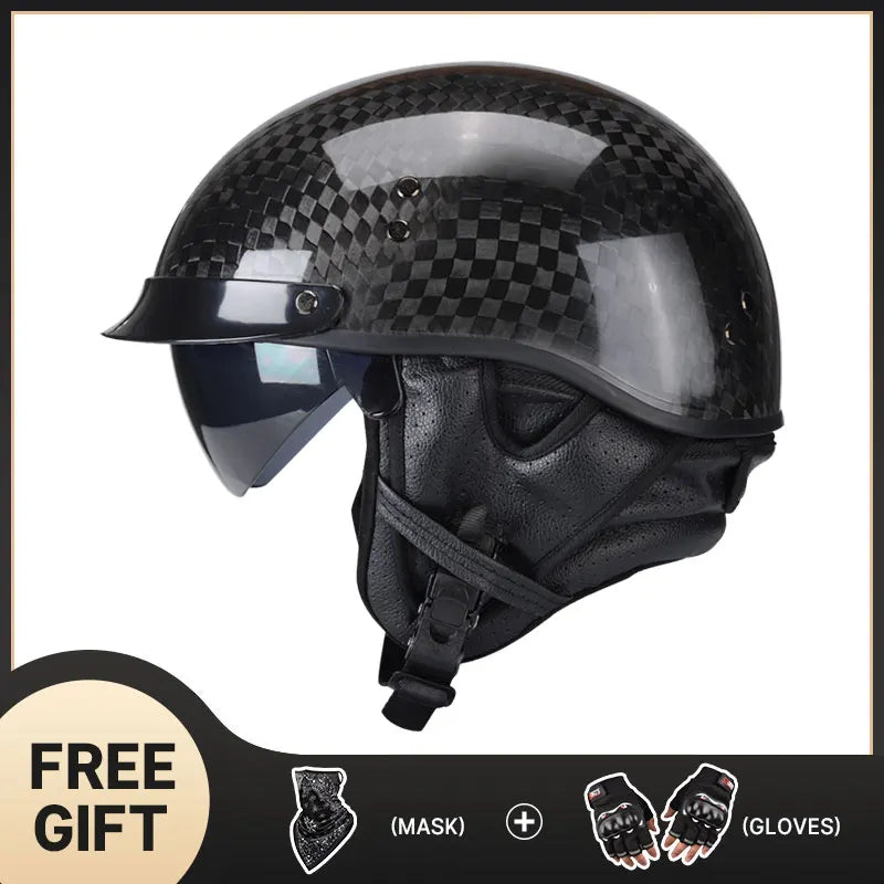 Light Weight 12K Gloss Black Carbon Fiber Scooter Motorcycle Half Face Helmet Motobike Helmet Inner Dark and Clear Lens
