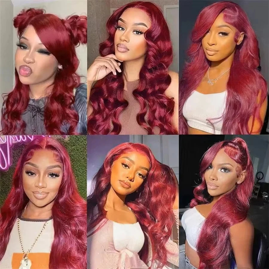 99J Body Wave 13x6 Lace Frontal Human Hair Wig 200 Density PrePlucked Red Burgundy Colored 13x4 Hd Lace Front Wigs for Women