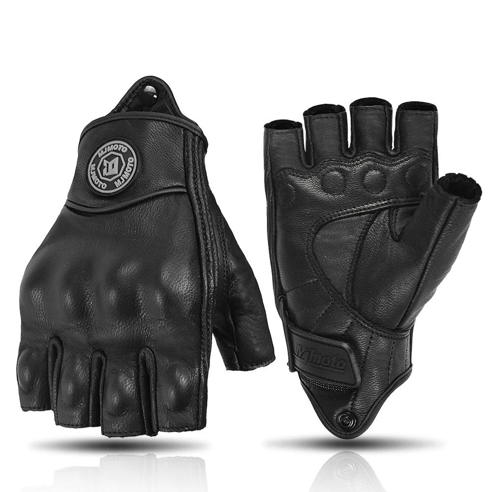 MJMOTO Retro Leather Motorcycle Half Finger Gloves Touchscreen Motocross Gloves Hard Shell Protection Motorbike Glove Breathable