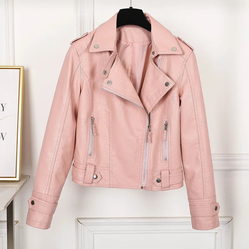 New Pink/beige/black Women's Clothing Short Motorcycle PU Leather Jacket Autumn JAdd Cotton Coats Lapels Zip Short Women Jackets