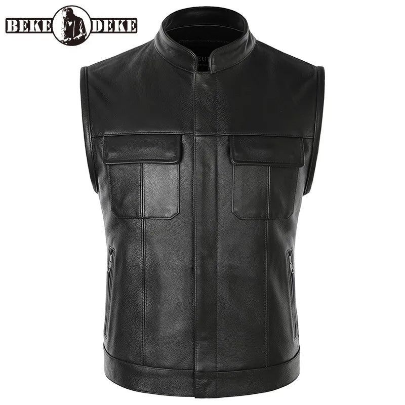 Men Real Leather Vest Motorcycle Biker High Quality Vest Genuine Leather Cowhide Sleeveless Jackets Waistcoat Stand Collar 5XL
