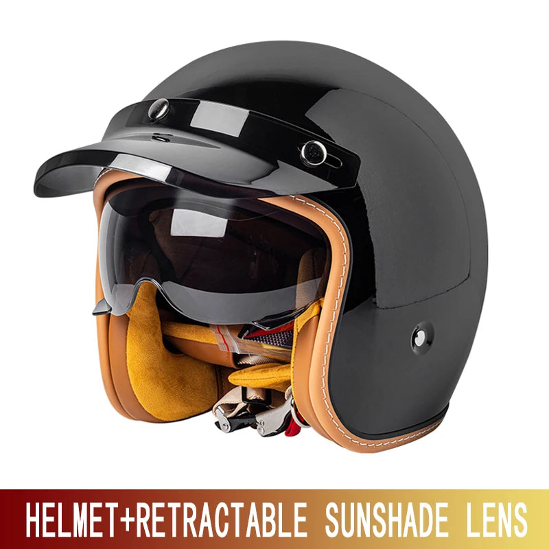 New retro cruise motorcycle helmet for men and women yellow three-quarters helmet 3/4 motorcycle half helmet with sun-shading wi