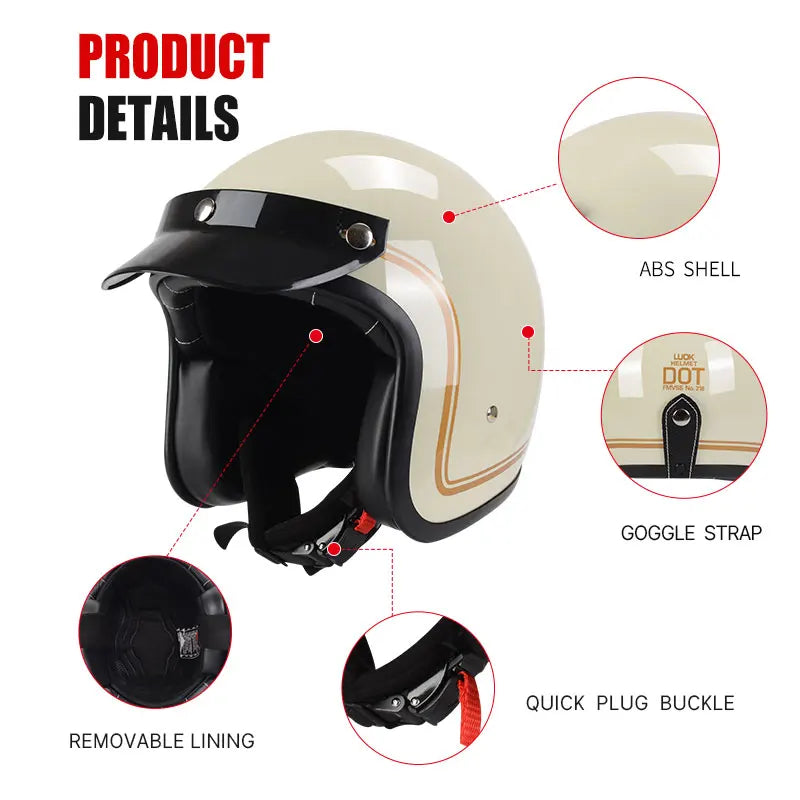 DOT Retro Open Face Motorcycle Low Profile Helmets 3/4 Half Helmet Vintage Four Seasons Unisex for Adult Men Women for Motocross