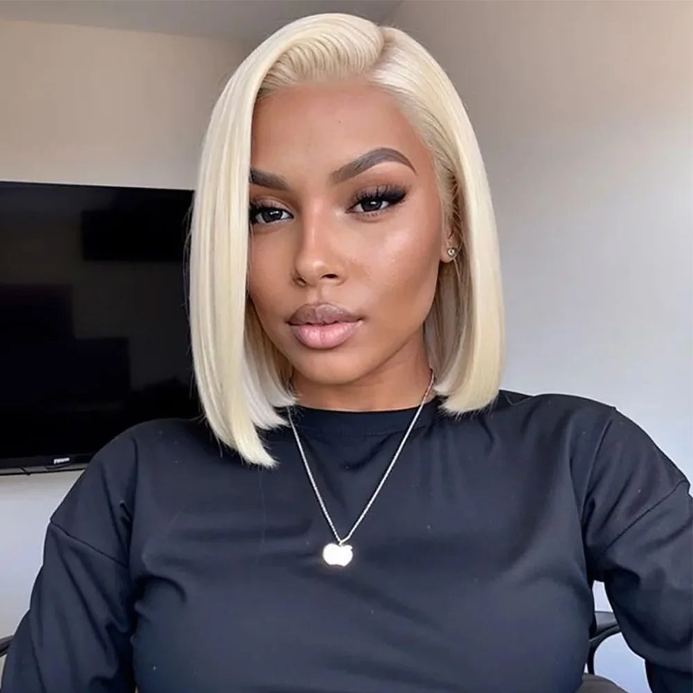 Short Bob Wig 200 Density 613 Honey Blonde Color Straight 13x6 HD Lace Frontal Human Hair Wigs For Women Pre Plucked 8-14 Inch