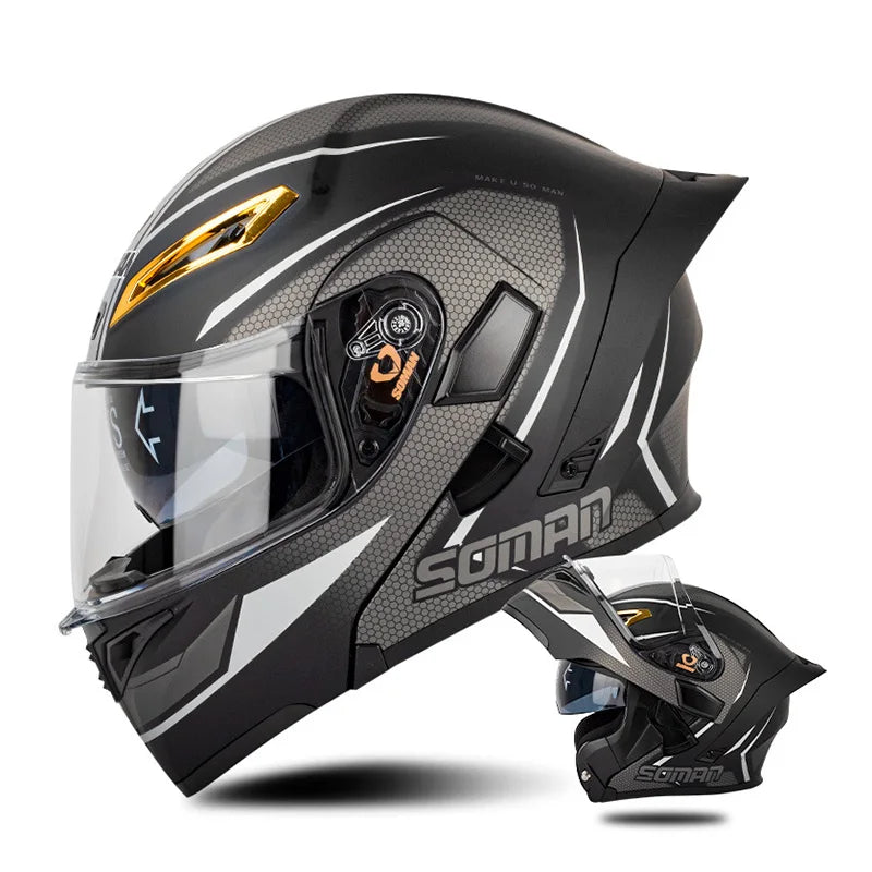 DOT Approved Men Motorcycle Helmet Dual Lens Flip Up Helmets Vintage Retro Full Face Moto Helmet Double Lens Modular Helm
